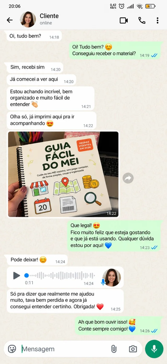 Conversa de WhatsApp com depoimento de cliente sobre o Guia Fácil do MEI