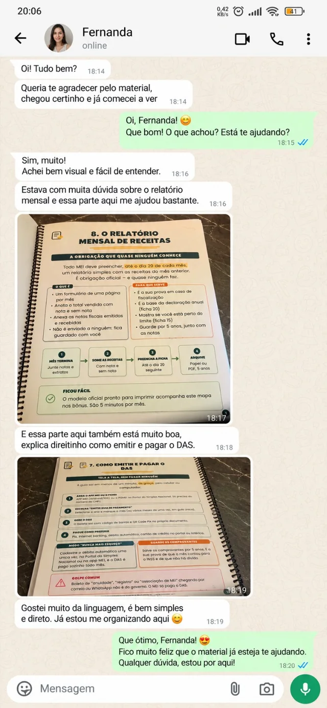 Conversa de WhatsApp com depoimento de fernanda sobre o Guia Fácil do MEI